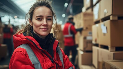 Fototapeta premium Confident Warehouse Worker in Red Jacket Surrounded by Cardboard Boxes