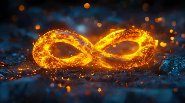 A glowing molten infinity symbol radiates heat and energy, surrounded by dark embers