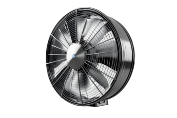 A Powerful Industrial Fan, A Silent Guardian Against Summer Heat, Spins With Sleek Metallic Grace And A Cool, Efficient Design Isolated on Transparent Background