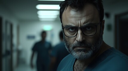Obraz premium Intense Doctor Portrait in Hospital Corridor with Dramatic Lighting
