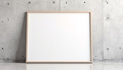 "Framed poster mockup leaning against a concrete wall, with customizable blank canvas space."