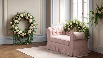 Elegant Pink Sofa with Floral Arrangements