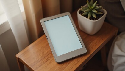 "E reader mockup with a customizable screen, placed on a cozy wooden nightstand."
