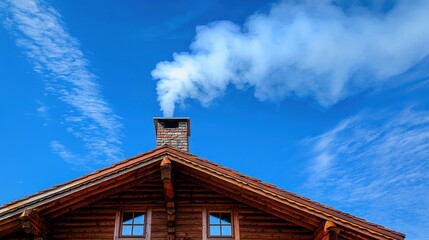 Smoke Rising from a Rustic Chimney Against a Clear Blue Sky