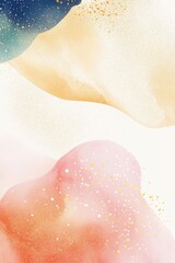Fototapeta premium Soft watercolor shapes in pastel shades of pink, yellow, and blue, decorated with gold and white dots