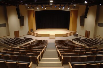 An auditorium stage with seating arranged for an event or show