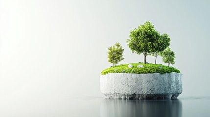 Isolated Green Island with Trees and Grass in Calm Water Setting