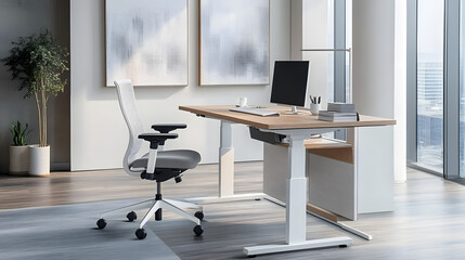 A modern ergonomic office setup with adjustable furniture, a supportive chair, and a sleek desk with perfect height, surrounded by minimalist decor