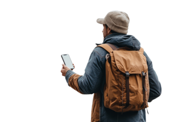 Person holding phone while standing with backpack outdoors