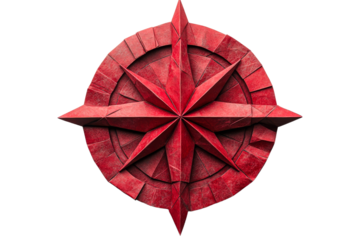 Red origami compass on transparent background