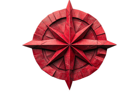 Red origami compass on transparent background