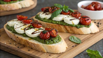 Freshly made pesto bruschetta topped with creamy mozzarella, grilled cherry tomatoes and basil, presented on a rustic wooden serving board. Ideal for food blogs and culinary websites