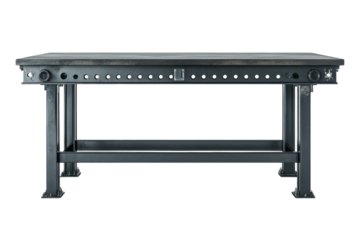 A Sturdy Industrial Workbench, Perfect For A Workshop Or Modern Loft, Showcasing A Dark Metal Frame And A Textured Work Surface With Subtle Aged Details Isolated on Transparent Background