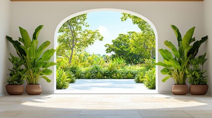 Interior with plants looking through archway towards lush green garden