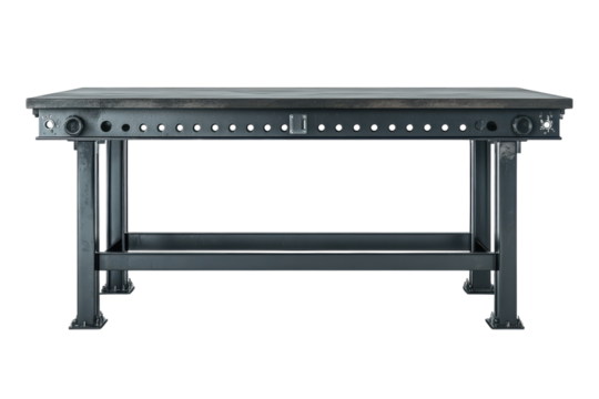 A Sturdy Industrial Workbench, Perfect For A Workshop Or Modern Loft, Showcasing A Dark Metal Frame And A Textured Work Surface With Subtle Aged Details Isolated on Transparent Background