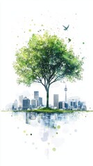 Fototapeta premium Green Tree Over Cityscape Watercolor Painting