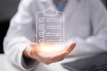 Professional doctor holding checklist clipboard document health care medicals medicine report concept