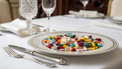 Conceptual shot of a plate filled with colorful pills and capsules, presented as a meal setting with cutlery. Highlights themes of overmedication and modern health issues. Ideal for stock photos about