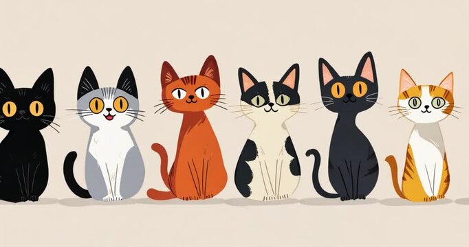 Cute cartoon cats sitting in a row, simple background,  suitable for children's book or greeting card