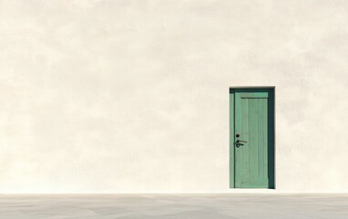 Green weathered door on a textured white wall with a gray floor