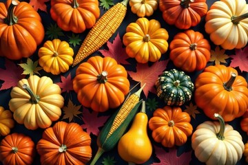Abundant autumn harvest, pumpkins, gourds, corn, leaves seamless pattern, background, tileable, vintage