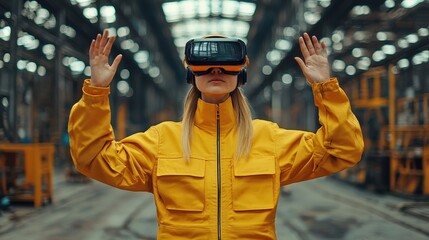 Woman in Yellow Jacket Engaging with Virtual Reality Technology