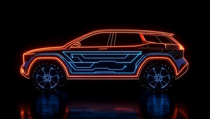 Naklejka premium Neon Electric SUV Concept Futuristic Car Side View in Dark Studio