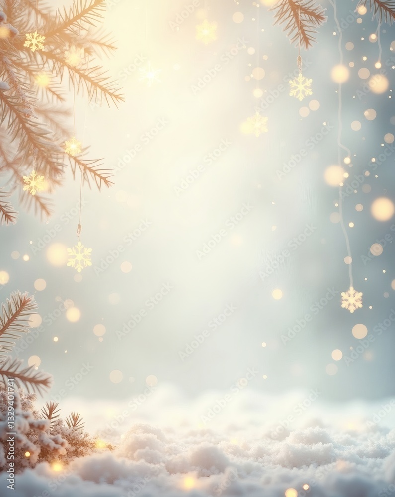 Poster a snowy winter scene with delicate snowflakes and twinkling lights, creating a festive atmosphere. c