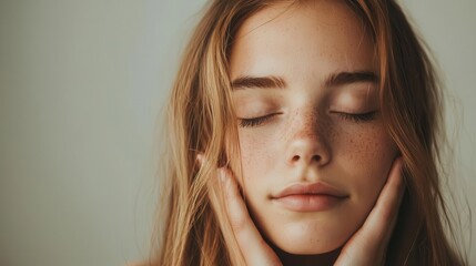 Fototapeta premium Young pretty woman resting her head on her hands, peaceful and serene moment, minimal setting