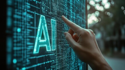 A close-up of a hand interacting with a futuristic touchscreen interface representing artificial intelligence, highlighting the integration of technology into everyday life.