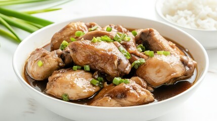 Beautifully Detailed Photo of Traditional Filipino Chicken Adobo: Tender Chicken Simmered in Savory Tangy Marinade