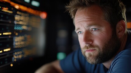 Focused Male Professional Analyzing Data on Computer Screen at Night