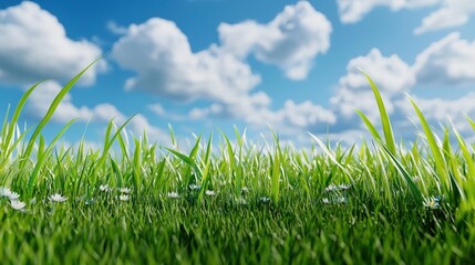 Obraz premium Vibrant green grass with tiny white flowers under blue skies