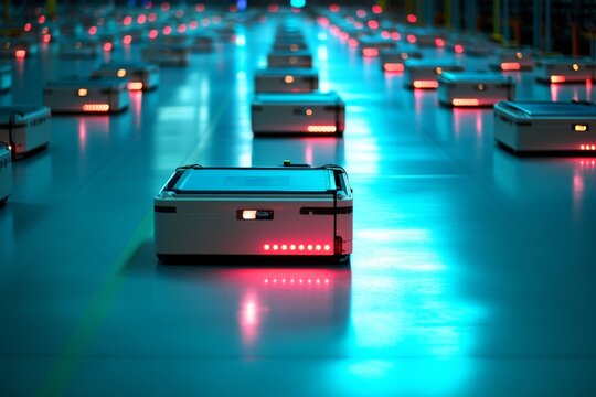 In a vast warehouse, countless autonomous robots with glowing red lights move in sync across a polished blue floor, evoking a futuristic ambiance.