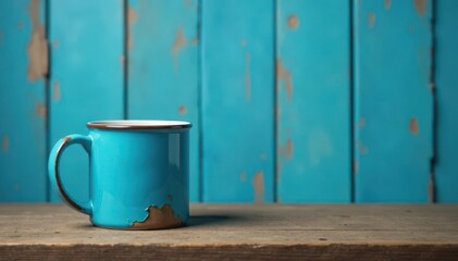 Naklejka premium A chipped blue mug sits on aged wood, against a distressed blue wall, element, background