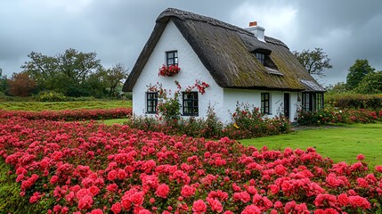 Charming thatched cottage surrounded by vibrant roses