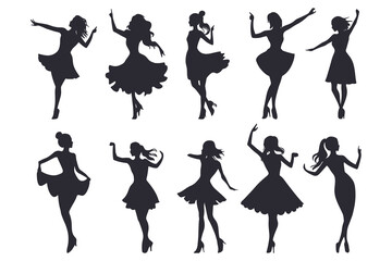 Dancing Women black silhouettes, Vector silhouettes of girls dancing in different positions high quality silhouettes isolated on white background © RK-DESIGNER