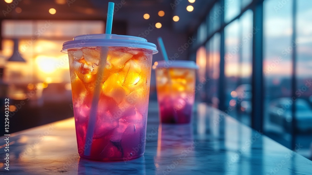 Aufkleber vibrant cups filled with ice and layered drinks stand on a marble counter inside a contemporary cafe
