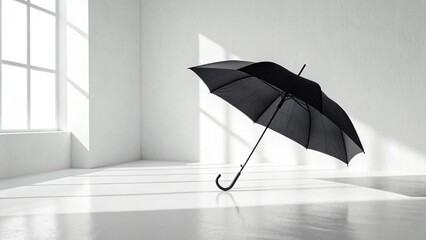 Elegant black umbrella isolated in a stark white room with window light creating strong shadows. Evokes concepts of solitude, waiting, or preparedness. Contemporary style
