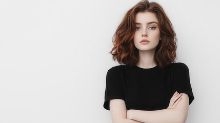 Fototapeta premium Young pretty woman standing with arms crossed, confident full body posture, clean white environment