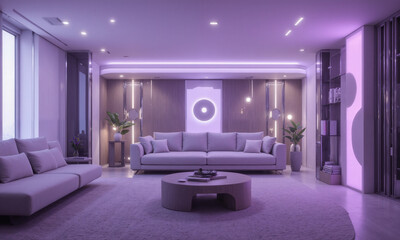 Smart music room in lavender mist, featuring AI-powered sound systems that adjust acoustics based on the listener's preferences, and interactive
