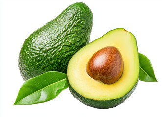 Ripe Avocados with Green Leaves on White Background