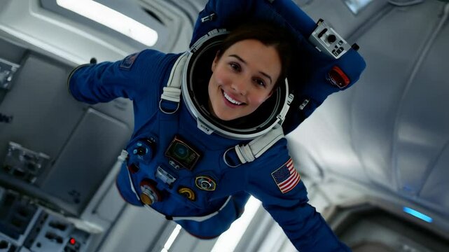 Astronaut joyfully experiencing weightlessness in outer space environment