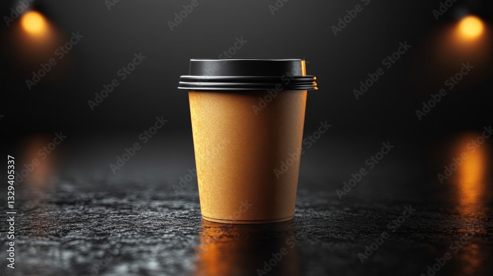Aufkleber A simple brown coffee cup sits alone on a textured dark surface. Subtle lighting emphasizes its contours, creating a warm and inviting atmosphere in the setting.