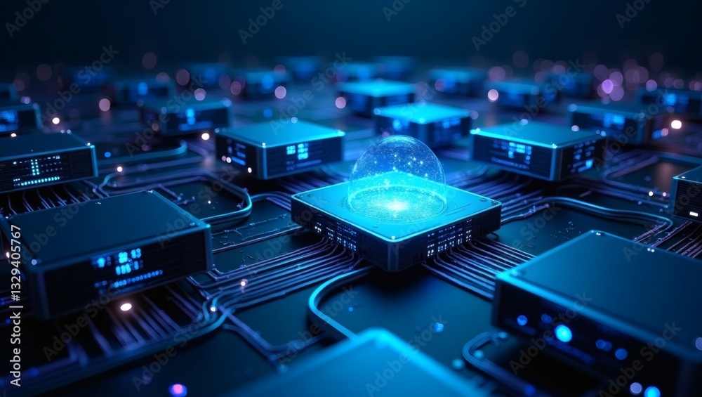 Poster electronic components arranged on a circuit board, emphasizing innovation and technology advancement