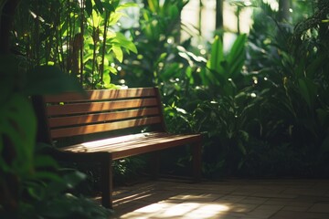 A wooden bench is nestled among lush, sun-dappled tropical foliage, creating a peaceful oasis with an inviting, serene ambiance.