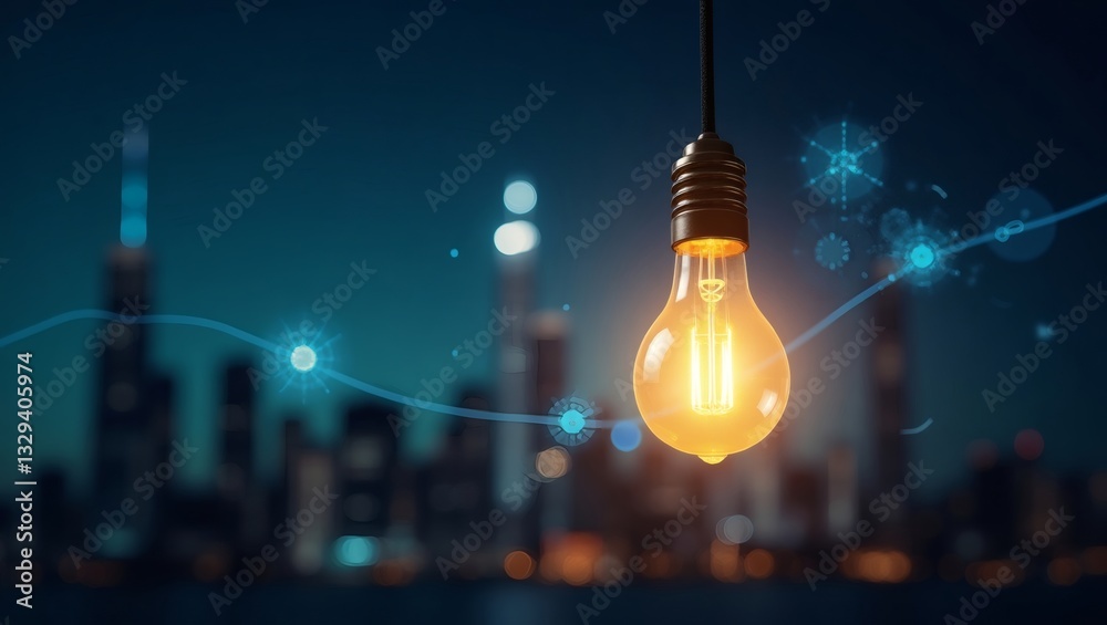 Poster a glowing light bulb illuminating a cityscape with data lines, suggesting innovation and smart city 