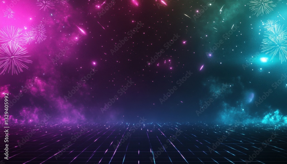 Poster abstract cosmic background with pink and blue nebula and grid