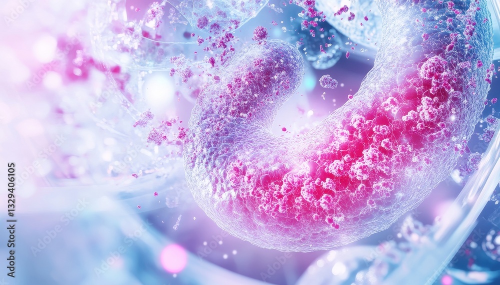 Poster abstract pink and blue particle structure glowing with light