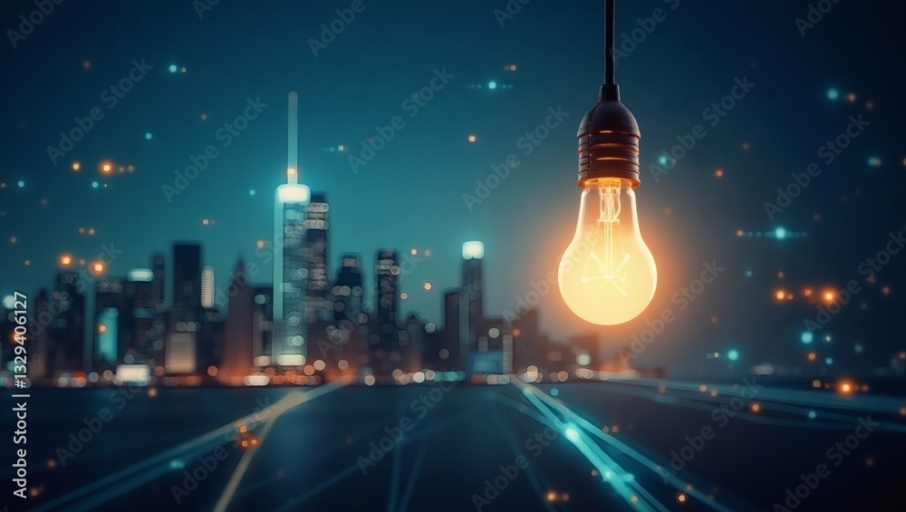 Poster a glowing light bulb hanging in front of a city skyline, representing innovation and ideas. the imag